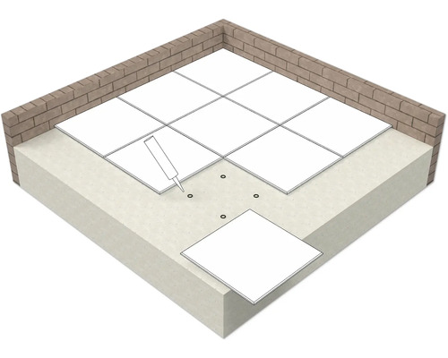 Darstellung einer Fliesenverlegung mit Klebstoff und einer Wand aus Mauerziegeln.