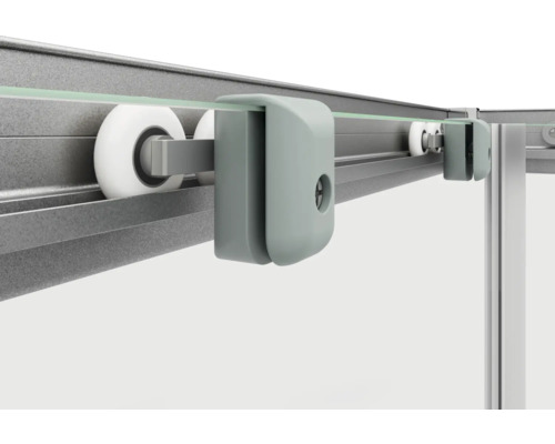 Detail einer Duschkabine mit Rollenmechanismus