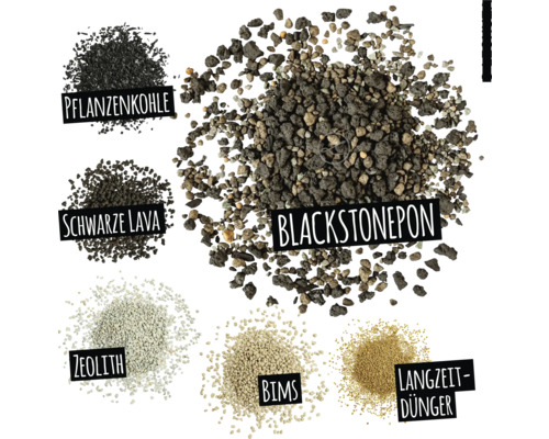 Abbildung verschiedener Pflanzsubstrate: Pflanzenkohle, Schwarze Lava, Zeolith, Bims, Langzeitdünger und Blackstonepon