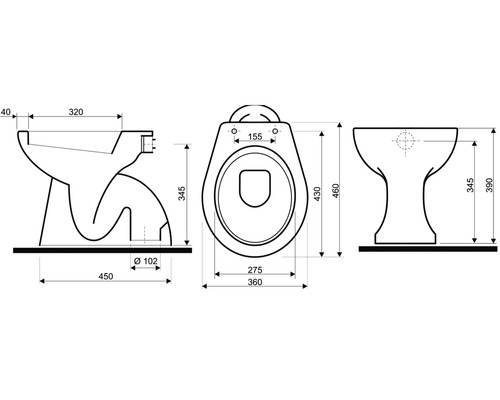 Technische Zeichnung einer Toilette mit Maßen