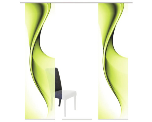 Schiebegardine mit grünem Wellenmuster und Stuhl