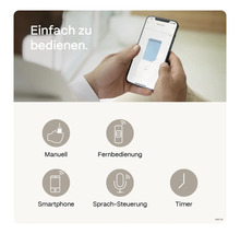 Verschiedene Steuerungsmöglichkeiten: Manuell, Fernbedienung, Smartphone, Sprachsteuerung, Timer