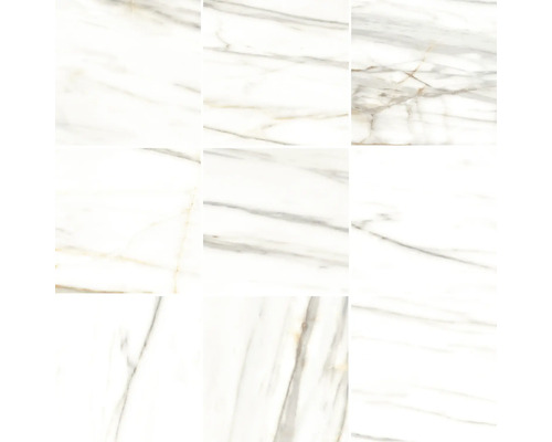 Neun weiße Fliesen mit Marmoroptik und grauen Maserungen.