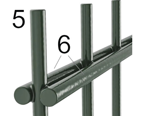Detailansicht eines Metallzauns mit den Nummern 5 und 6