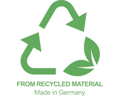 Symbol für recyceltes Material und Hergestellt in Deutschland