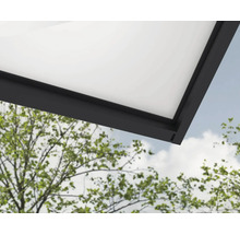 Detailaufnahme eines Terrassendachs mit Baum im Hintergrund