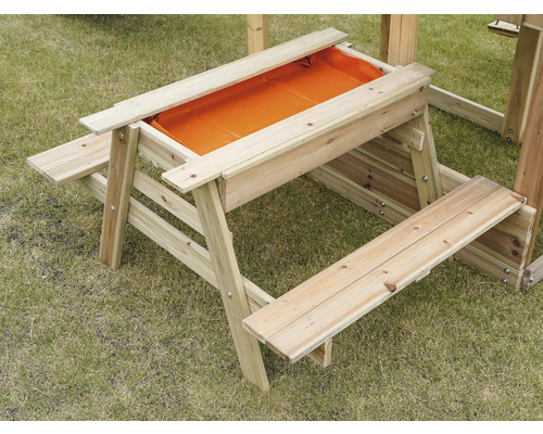 Holz-Kindersitzgruppe mit Sandkasten