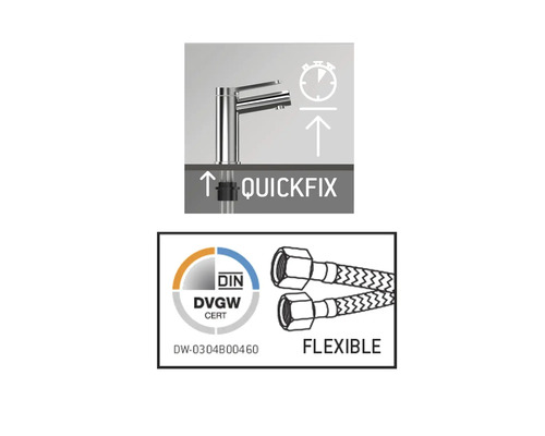 Zeichen für Schnellmontage, Flexibilität und Trinkwasserzulassung
