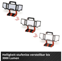 Einhell Logo. Bild zeigt einen LED-Strahler mit stufenlos verstellbarer Helligkeit bis 3000 Lumen in drei Helligkeitsstufen.