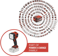 Einhell Power X-Change Akku-System mit Akku-Lampe und verschiedenen Werkzeugen.