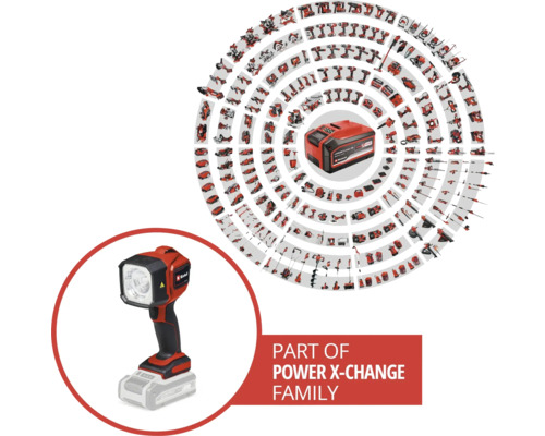 Einhell Power X-Change Akku-System mit Akku-Lampe und verschiedenen Werkzeugen.