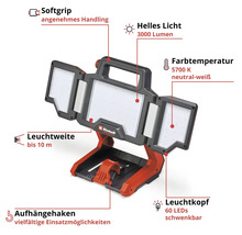 Einhell LED-Baustrahler mit 60 LEDs und einer Leuchtweite von bis zu 10 Metern.
