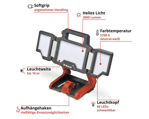 Einhell LED-Baustrahler mit 60 LEDs und einer Leuchtweite von bis zu 10 Metern.
