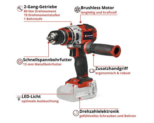 Akkuschrauber mit Zweiganggetriebe, bürstenlosem Motor, Schnellspannbohrfutter, LED-Licht und Zusatzhandgriff.