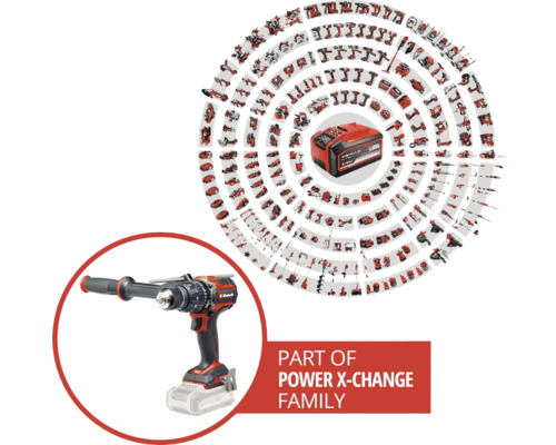 Einhell Akku-Bohrschrauber als Teil der Power X-Change Familie, dargestellt in einer Collage mit anderen Geräten und einem Akku