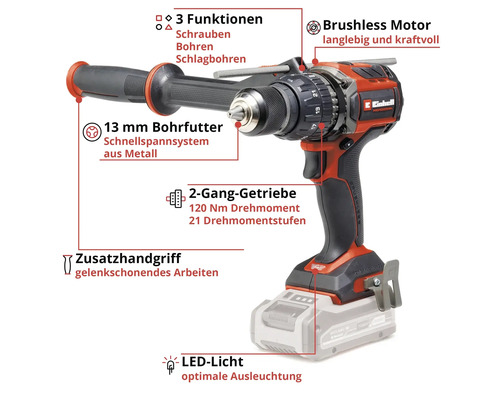 Einhell Akku-Schlagbohrschrauber mit Zusatzhandgriff, 13 Millimeter Bohrfutter und LED Licht