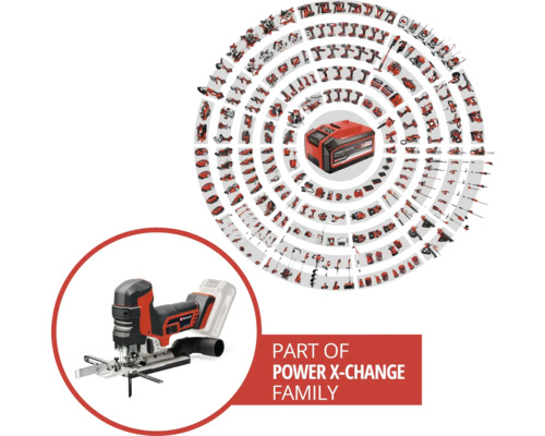 Einhell Power X-Change Familie mit Akku-Stichsäge und Akku dargestellt