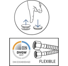 Installationshinweis für Ablaufgarnitur und DIN DVGW Zertifikat für flexible Schläuche