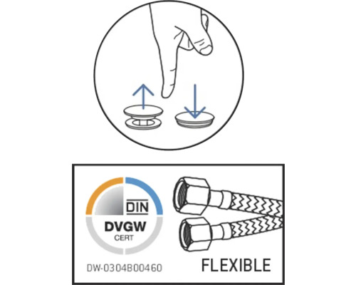 Installationshinweis für Ablaufgarnitur und DIN DVGW Zertifikat für flexible Schläuche