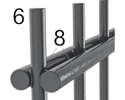 Detailansicht eines Metallgeländers mit runden Stäben