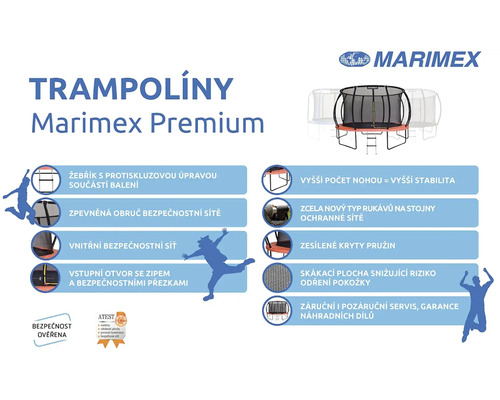 Marimex Premium Trampolin mit Sicherheitsmerkmalen und Atest-Siegel