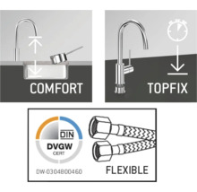 Komfortbereich, Topfix-Schnellmontagesystem, DIN DVGW CERT-Zeichen, Flexible Schläuche