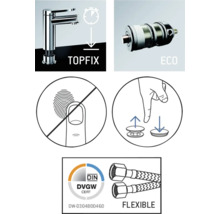 Produktmerkmale: Topfix-Befestigungssystem, Wassersparfunktion, Antifingerabdruckbeschichtung, Exzenter-Ventiltechnik, DIN-DVGW-Zertifizierung, flexible Anschlussschläuche