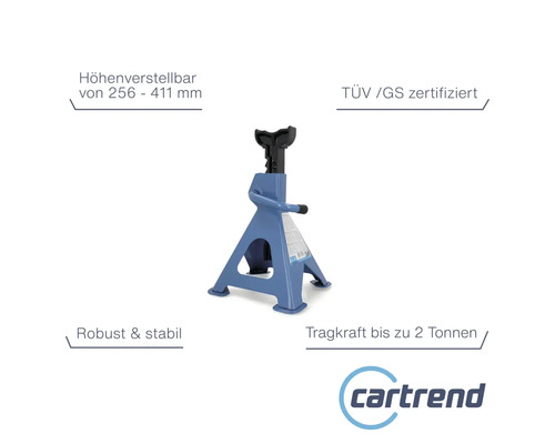 Blaue Cartrend Wagenheberstütze mit einer Tragkraft von bis zu 2 Tonnen.
