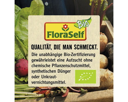 FloraSelf Logo. Bio-Siegel garantiert Anbau ohne chemische Pflanzenschutzmittel, synthetische Düngemittel oder Unkrautvernichtungsmittel.