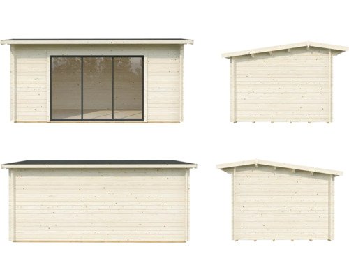 Mehransicht eines Gartenhauses aus Holz mit Fenstern und einem Flachdach