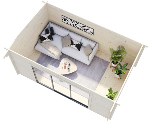 Innenansicht eines Gartenhauses mit Sofa, Tisch, Teppich und Pflanzen