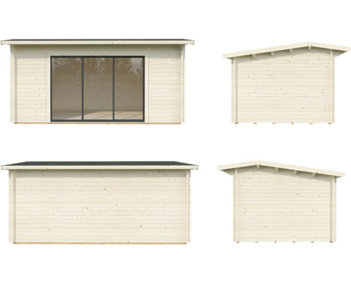 Verschiedene Ansichten eines Gartenhauses aus Holz mit Fenster