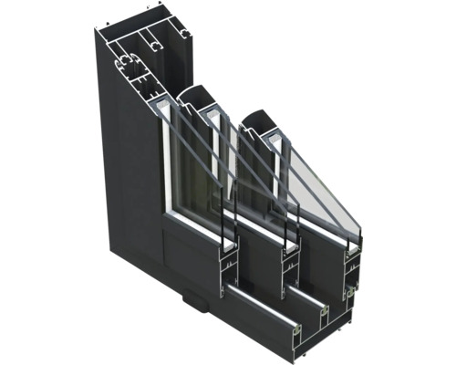 Querschnitt eines Aluminiumfensters mit Dreifachverglasung