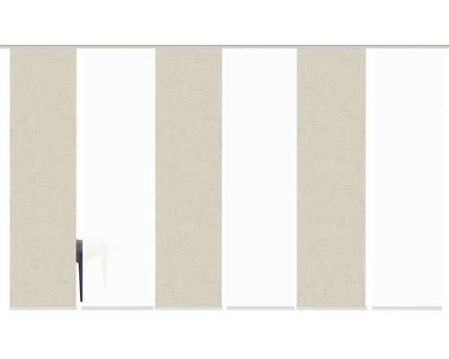 Schiebegardine mit beigen und weißen Stoffbahnen