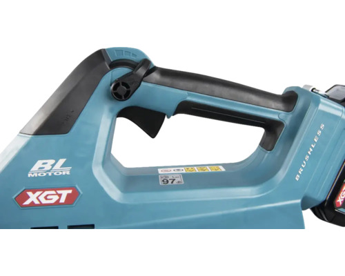 Detailansicht einer Akku-Bandsäge mit bürstenlosem Motor und XGT-Logo.