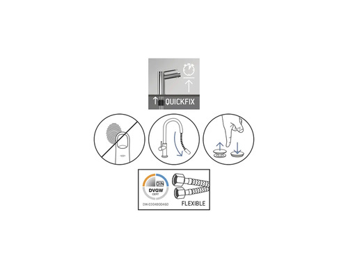 Merkmale einer Armatur: Quickfix, Antifingerabdruck, herausziehbare Brause, flexibler Anschluss, DIN DVGW CERT Siegel