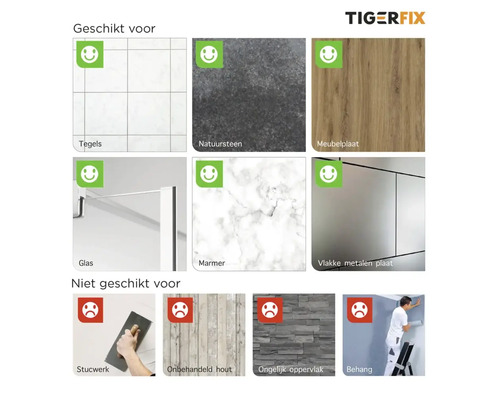 Geeignet für Fliesen, Naturstein, Möbelplatten, Glas, Marmor und Metallplatten, ungeeignet für Putz, rohes Holz, unebene Oberflächen und Tapeten.