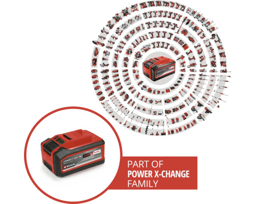 Einhell Power X-Change Akku mit Werkzeugen in einem Kreis angeordnet