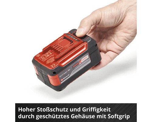 Einhell Power X-Change Akku 18 Volt in rotem und schwarzem Design wird von einer Hand gehalten.