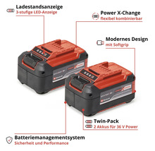 Zwei rote und schwarze Einhell Power X-Change Akkus