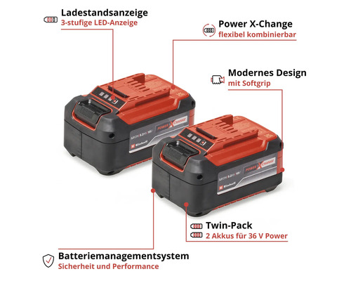Zwei rote und schwarze Einhell Power X-Change Akkus