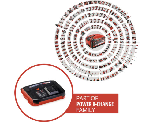 Teil der Power X-Change Familie mit Ladegerät und Darstellung diverser Werkzeuge