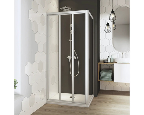 Schiebetür für Nische und Seitenwand Breuer Fara4 900x1850 mm Echtglas Klar hell weiß Duschkabine mit Schiebetür in einem Badezimmer mit Waschbecken und sechseckigen Fliesen.