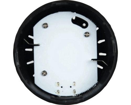 Innenansicht einer runden LED-Leuchte mit weißer Abdeckung und schwarzem Rahmen.