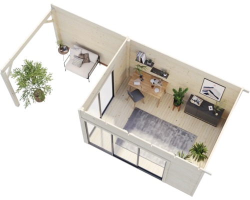 Innenansicht eines modernen Gartenhauses mit Wohnbereich und Arbeitszimmer