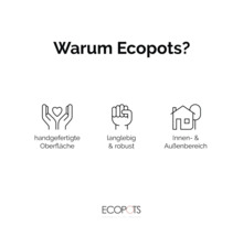 Darstellung der Vorteile von Ecopots: handgefertigte Oberfläche, langlebig, robust und für Innen- und Außenbereiche geeignet