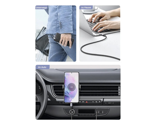 Anwendungsbeispiele für ein Ladekabel: unterwegs mit Powerbank, zu Hause am Laptop und im Auto.