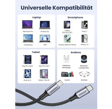 USB-C-Kabel mit Geräten wie Laptop, Smartphone, Tablet und anderen kompatiblen Geräten