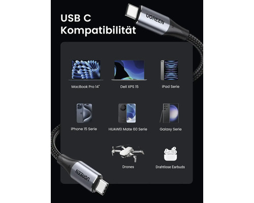USB C Kabel Kompatibilität mit verschiedenen Geräten wie MacBook Pro, Dell XPS, iPad, iPhone, Huawei Mate, Galaxy, Drohnen und drahtlosen Ohrhörern
