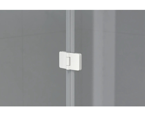 Detailansicht eines Duschkabinen-Scharniers.